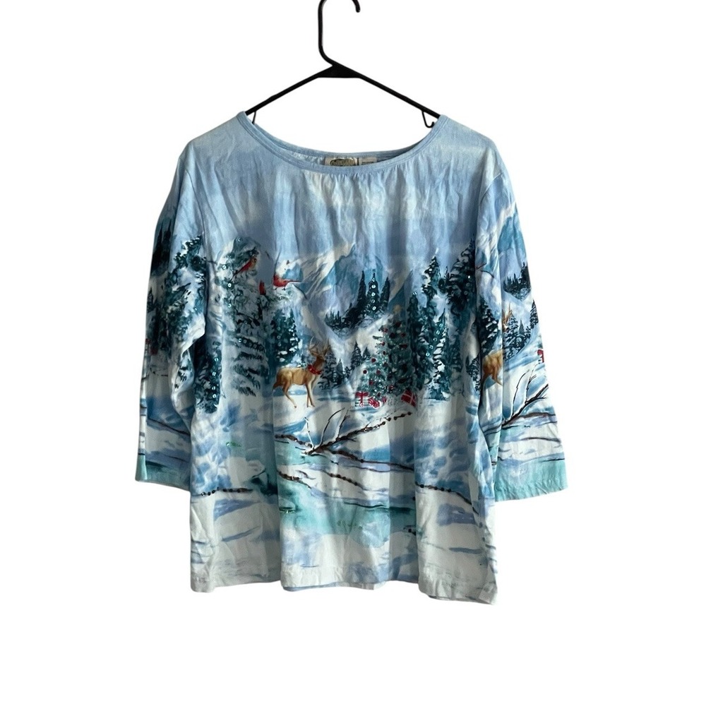 Collection Top XL Winter Snow Forest Holiday All Over Print Shirt Embellished